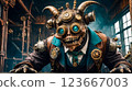 Steampunk style. Industrial mechanical monster made of metal and leather. Supernatural being. 123667003