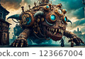 Steampunk style. Industrial mechanical monster made of metal and leather. Supernatural being. 123667004