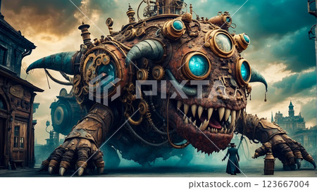 Steampunk style. Industrial mechanical monster made of metal and leather. Supernatural being. Steampunk style. Industrial mechanical monster made of metal and leather. Supernatural being. 123667004