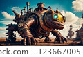 Steampunk style. Industrial mechanical monster made of metal and leather. Supernatural being. 123667005