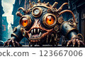 Steampunk style. Industrial mechanical monster made of metal and leather. Supernatural being. 123667006