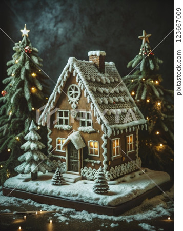 Gingerbread house decorated with colorful candies 123667009