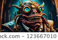 Steampunk style. Industrial mechanical monster made of metal and leather. Supernatural being. 123667010