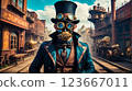 Steampunk style. A male scientist in a mask and top hat stands in an industrial area. Steam locomotive in the background. 123667011