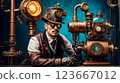 Steampunk style. Industrial mechanical monster made of metal and leather. Supernatural being. 123667012