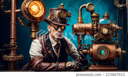 Steampunk style. Industrial mechanical monster made of metal and leather. Supernatural being. Steampunk style. Industrial mechanical monster made of metal and leather. Supernatural being. 123667012