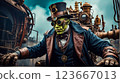 Steampunk style. A mutant with a green face and the body of a man in round glasses and a top hat sits on a mechanism made of copper parts 123667013