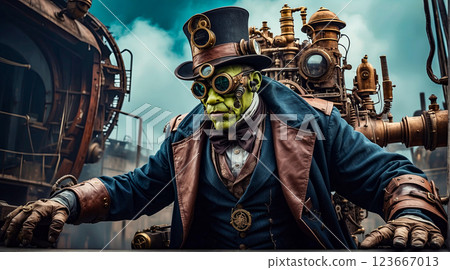 Steampunk style. A mutant with a green face and the body of a man in round glasses and a top hat sits on a mechanism made of copper parts Steampunk style. A mutant with a green face and the body of a man in round glasses and a top hat sits on a mechanism made of copper parts 123667013