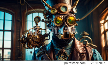 Steampunk style. Industrial mechanical monster made of metal and leather. Supernatural being. Steampunk style. Industrial mechanical monster made of metal and leather. Supernatural being. 123667014