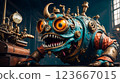 Steampunk style. Industrial mechanical monster made of metal and leather. Supernatural being. 123667015