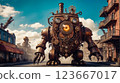 Steampunk style. Industrial mechanical monster made of metal and leather. Supernatural being. 123667017