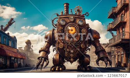 Steampunk style. Industrial mechanical monster made of metal and leather. Supernatural being. Steampunk style. Industrial mechanical monster made of metal and leather. Supernatural being. 123667017