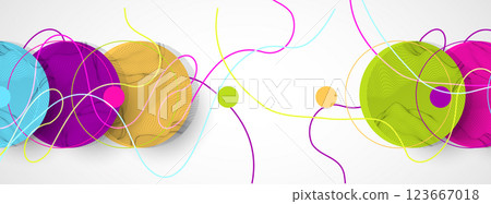 Abstract colored background.  Wireframe circles. Modern science or technology art elements. Surface illustration. Vector. 123667018