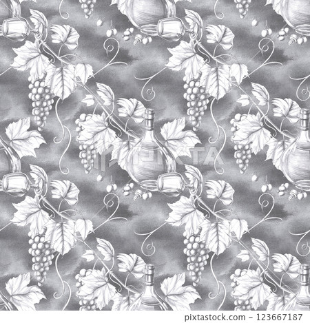 Seamless pattern on graphite background with bottle of cognac and grapevine. Pencil illustration on food theme for restaurant interior design, menu, culinary magazines. 123667187
