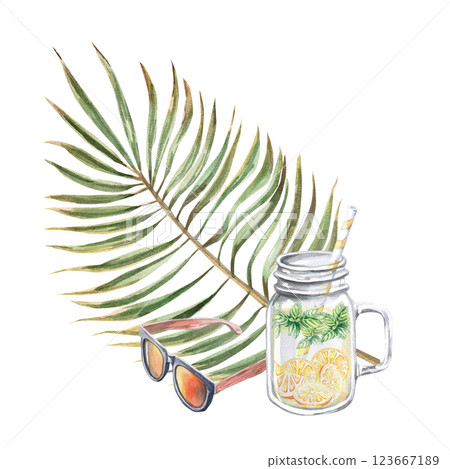 Composition with a glass of lemonade, glasses and a palm branch. Isolated watercolor illustration for the design of postcards, summer restaurants, printing of tourist brochures Composition with a glass of lemonade, glasses and a palm branch. Isolated watercolor illustration for the design of postcards, summer restaurants, printing of tourist brochures 123667189