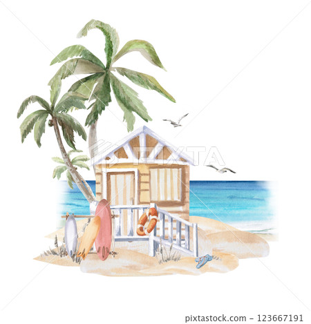 Landscape with a beach house on the ocean shore. Isolated watercolor illustration of summer holiday attributes for postcard design, summer restaurant design, printing of tourist brochures. 123667191