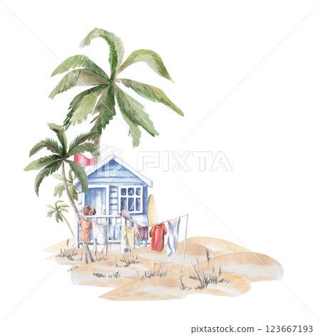 Beach house on the shore with drying laundry. Isolated watercolor illustration of summer holiday attributes for postcard design, summer restaurant design, printing of tourist brochures. Beach house on the shore with drying laundry. Isolated watercolor illustration of summer holiday attributes for postcard design, summer restaurant design, printing of tourist brochures. 123667193