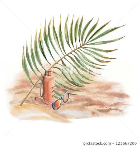 . Sports water bottle, glasses and palm leaf on sand. Isolated watercolor illustration of summer holiday attributes for design of sports shops, postcards, printing on tourist brochures. 123667200
