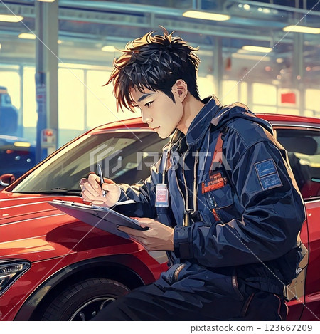 Young man checking out his car 123667209