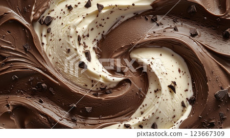 Delicious double chocolate and vanilla swirl ice cream with creamy texture 123667309