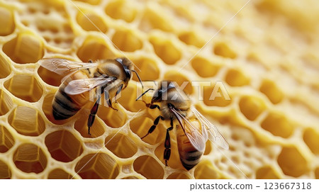 Two honey bees working on golden honeycomb, close up macro shot with copy space Two honey bees working on golden honeycomb, close up macro shot with copy space 123667318