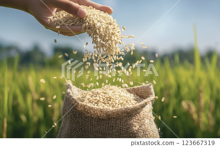 Fresh rice grains falling from hand into burlap sack in green paddy field 123667319