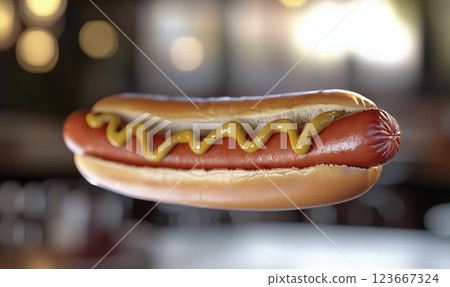 Flying hot dog with mustard in blurred restaurant background with soft lighting 123667324