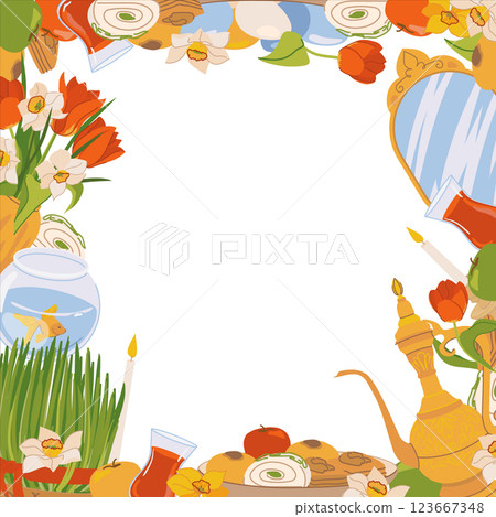 International Day of Nowruz square frame with space for text. Persian New Year is a holy day and religious holiday for Zoroastrians and Baha'is in Azerbaijan and Iran. Vector clip art in flat style. 123667348