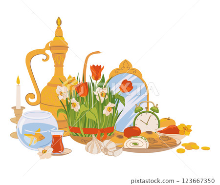Products for the International Day of Navruz. Iranian New Year is a sacred day and religious holiday of Zoroastrians and Baha'is. Mirror, green grass, sweets, candles, vinegar, flowers. Flat vector. 123667350