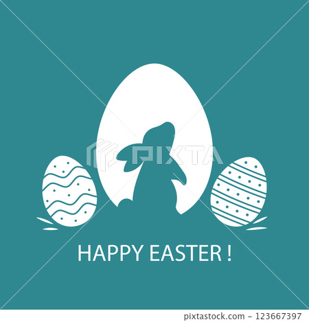 Happy Easter. Postcard with bunny silhouette, and decorated eggs. Modern minimalist style. Vector flat illustration. Happy Easter. Postcard with bunny silhouette, and decorated eggs. Modern minimalist style. Vector flat illustration. 123667397