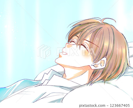 Man lying on his back with his eyes closed, smiling, curtain 123667405