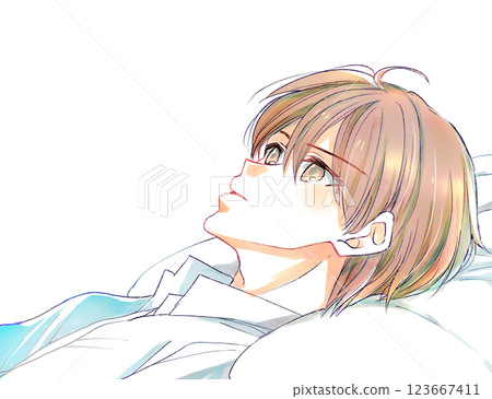 Man lying on his back, straight face Man lying on his back, straight face 123667411