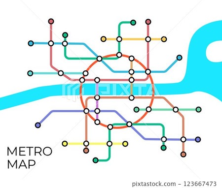 Metro stations and plan of subway with. Fictional metro map of underground. Layout of public passenger transport. Vector Metro stations and plan of subway with. Fictional metro map of underground. Layout of public passenger transport. Vector 123667473