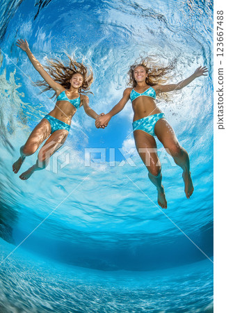 Mother and daughter with long hair jumping in water. Beach bodies. Blue color. Shot from below  123667488