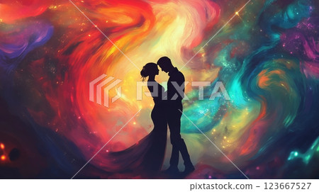 Couple dancing under swirling galaxies with vibrant colors in a cosmic setting 123667527