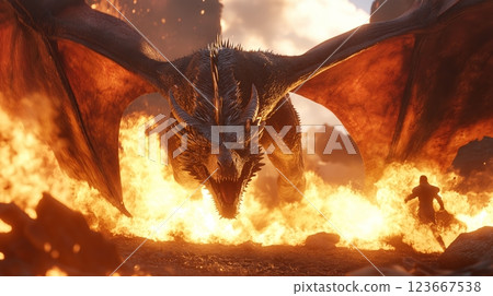 Majestic dragon unleashing fire at dusk in fantastical world 123667538