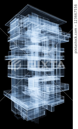 Modern architectural design featuring layered transparent structures with glowing elements 123667556