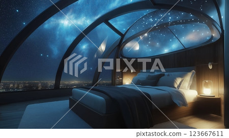 Bedroom with transparent ceiling featuring a starry night view 123667611