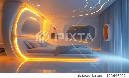 Modern bedroom featuring futuristic design and ambient lighting in a sleek, minimalist space 123667612