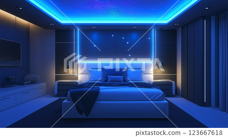 Cozy bedroom with night sky view and stars illuminating the serene atmosphere at night 123667618