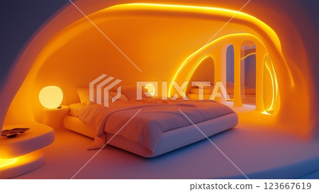 Modern bedroom design featuring soft curves and warm lighting in a futuristic style Modern bedroom design featuring soft curves and warm lighting in a futuristic style 123667619