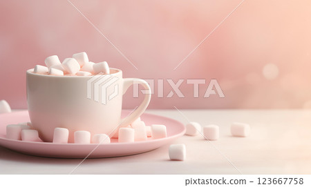 Cup of Hot Chocolate with Marshmallows on a Pink Plate Cup of Hot Chocolate with Marshmallows on a Pink Plate 123667758