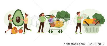 Grocery vegetables illustration set. Character buying fresh organic vegetables and putting in shopping trolley and basket. Local production support concept. Vector illustration. Grocery vegetables illustration set. Character buying fresh organic vegetables and putting in shopping trolley and basket. Local production support concept. Vector illustration. 123667812