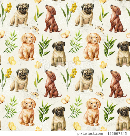 seamless pattern with cute dogs, leaves, butterfly. Watercolor illustration decorating textile, packaging, wallpaper art 123667845
