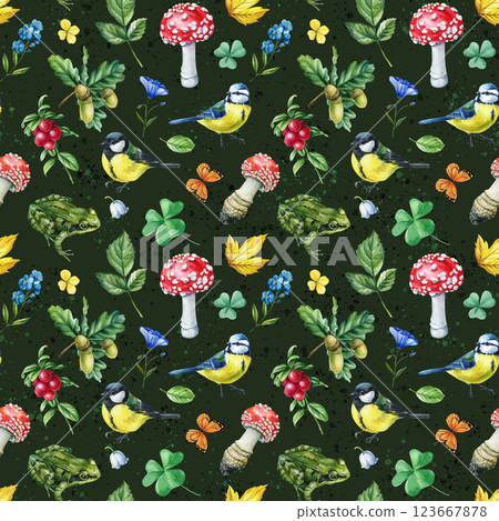 forest seamless pattern bird, mushroom, butterfly, berries watercolor illustration for textiles, packaging, wallpaper 123667878