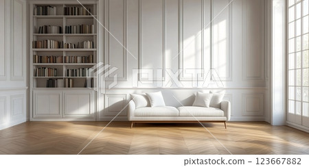 Modern bright spacious parisian living room interior design wallpaper, copy space 123667882