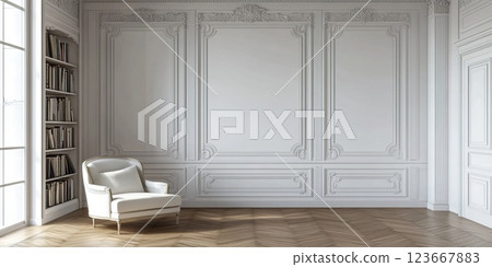 Modern bright spacious parisian living room interior design wallpaper, copy space 123667883