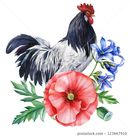 watercolor black and white rooster with red poppy, blue flowers green leaves isolated background nature illustration watercolor black and white rooster with red poppy, blue flowers green leaves isolated background nature illustration 123667910