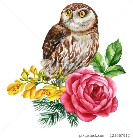 watercolor owl with pink rose, yellow flowers and green leaves isolated on white background, Summer bird and flowers 123667912