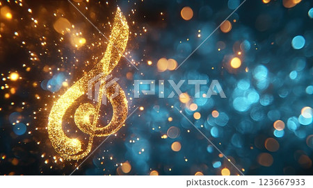 Treble clef note made of golden glittering particles on dark background with bokeh. Banner with place for text 123667933